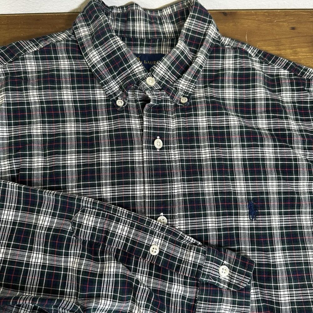 Ralph Lauren Plaid Oxford Shirt Men L Green Gray Red Blue Long Sleeves Christmas